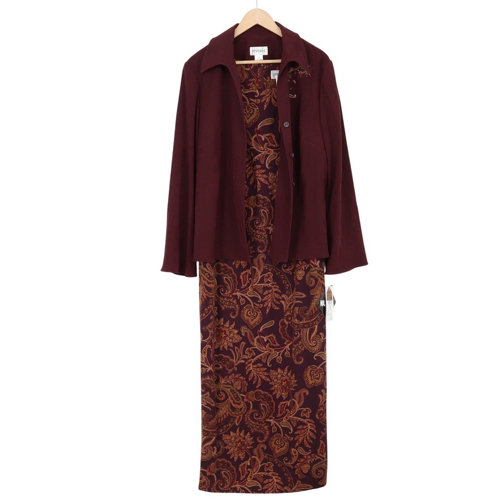 Studio I Dress Set Womens 16 Burgundy Paisley Maxi Jacket 2pc NWT